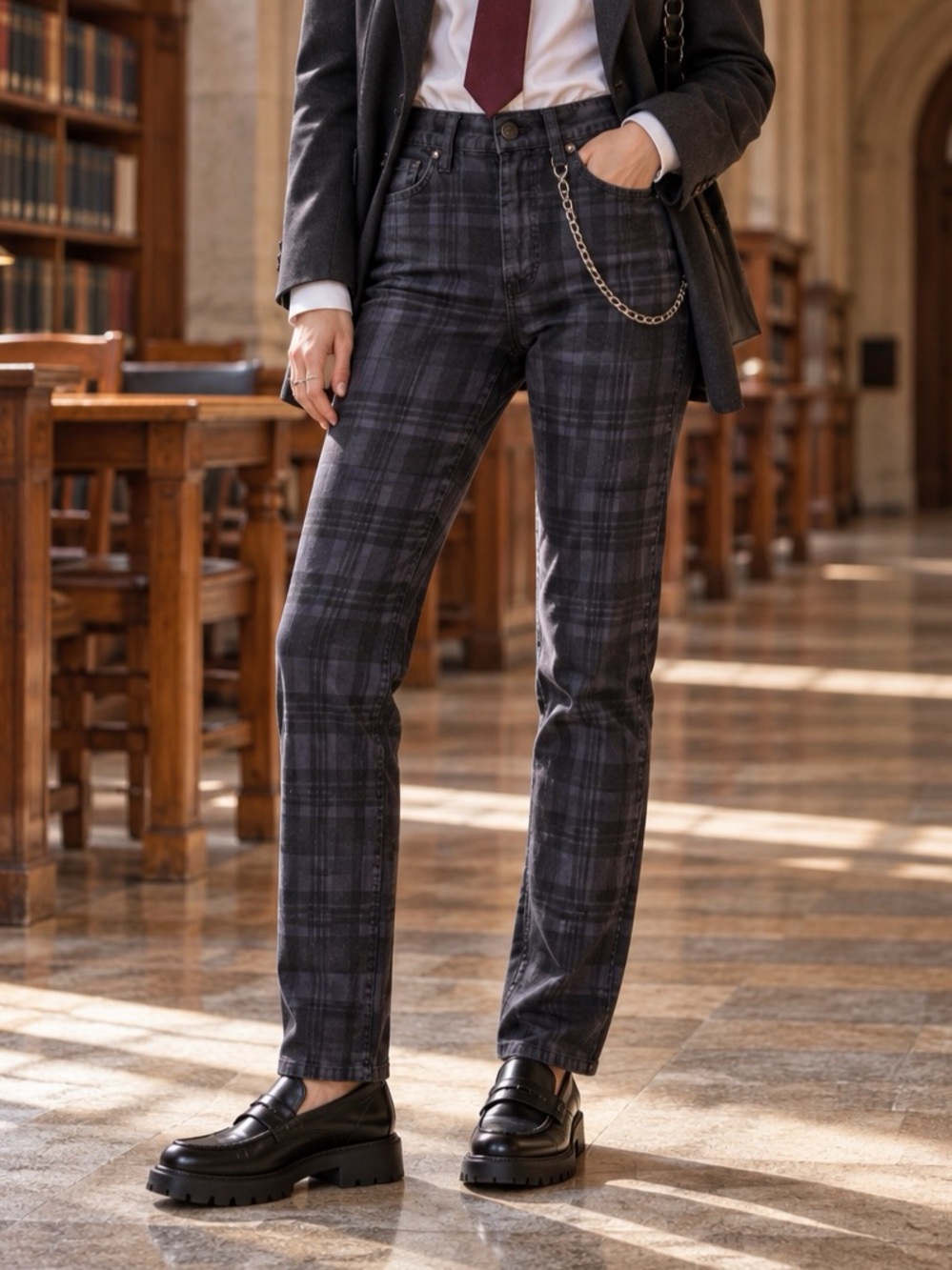 Vanilia Dark Plaid Straight Leg Pants Trousers 28 Waist Academia Punk Goth Prep